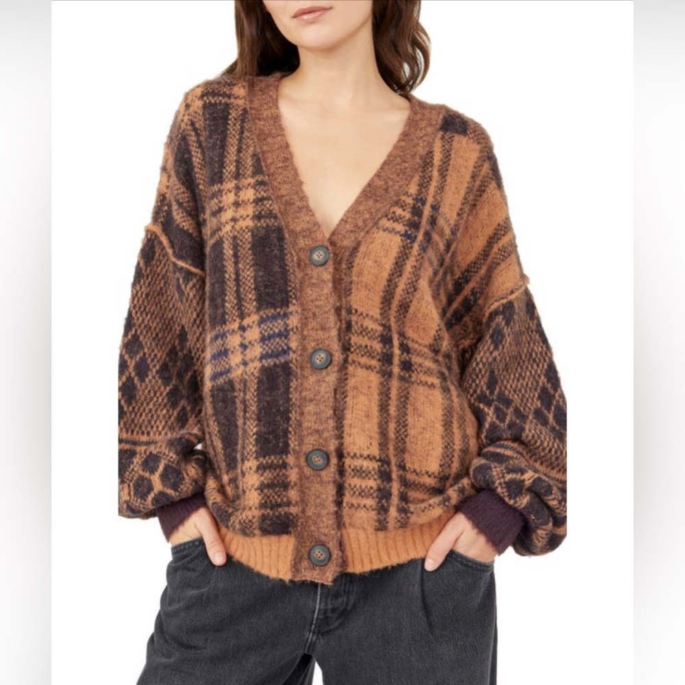 Free People Sepia Plaid Jacquard Oversize Cardigan